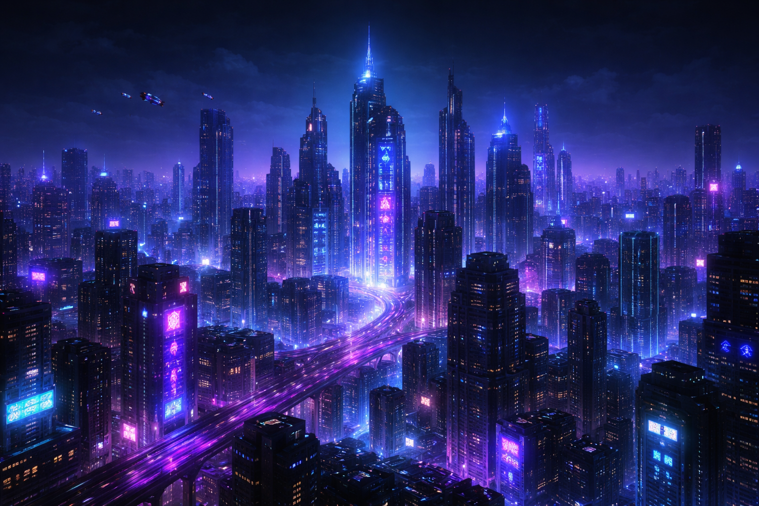 Soyut neon siber şehir manzarası